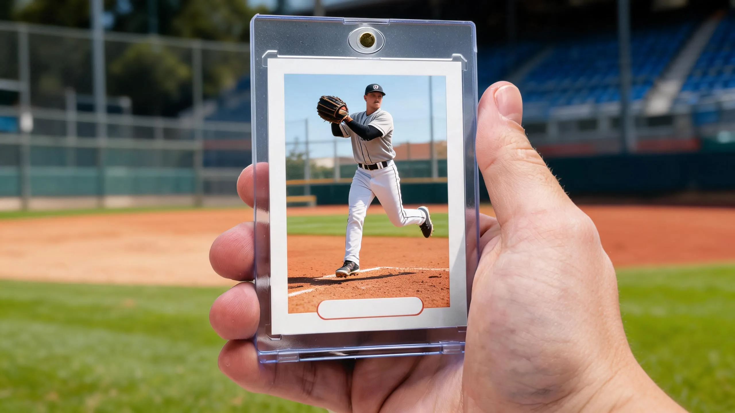 Hand holding baseball card templates free download design in a clear magnetic case outdoors.