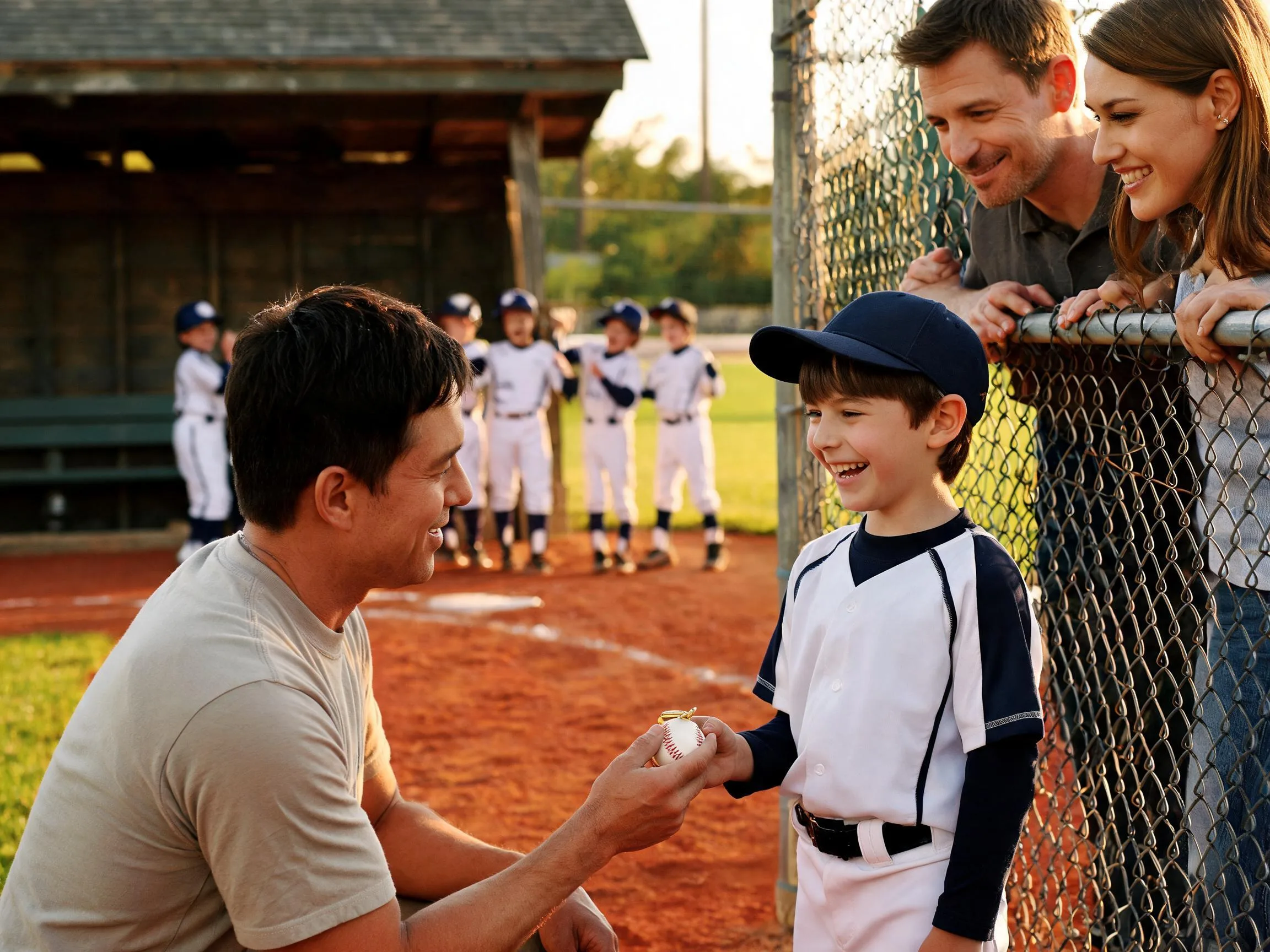 Coach and beaming young athlete share proud moment on sunlit baseball diamond near dugout.
