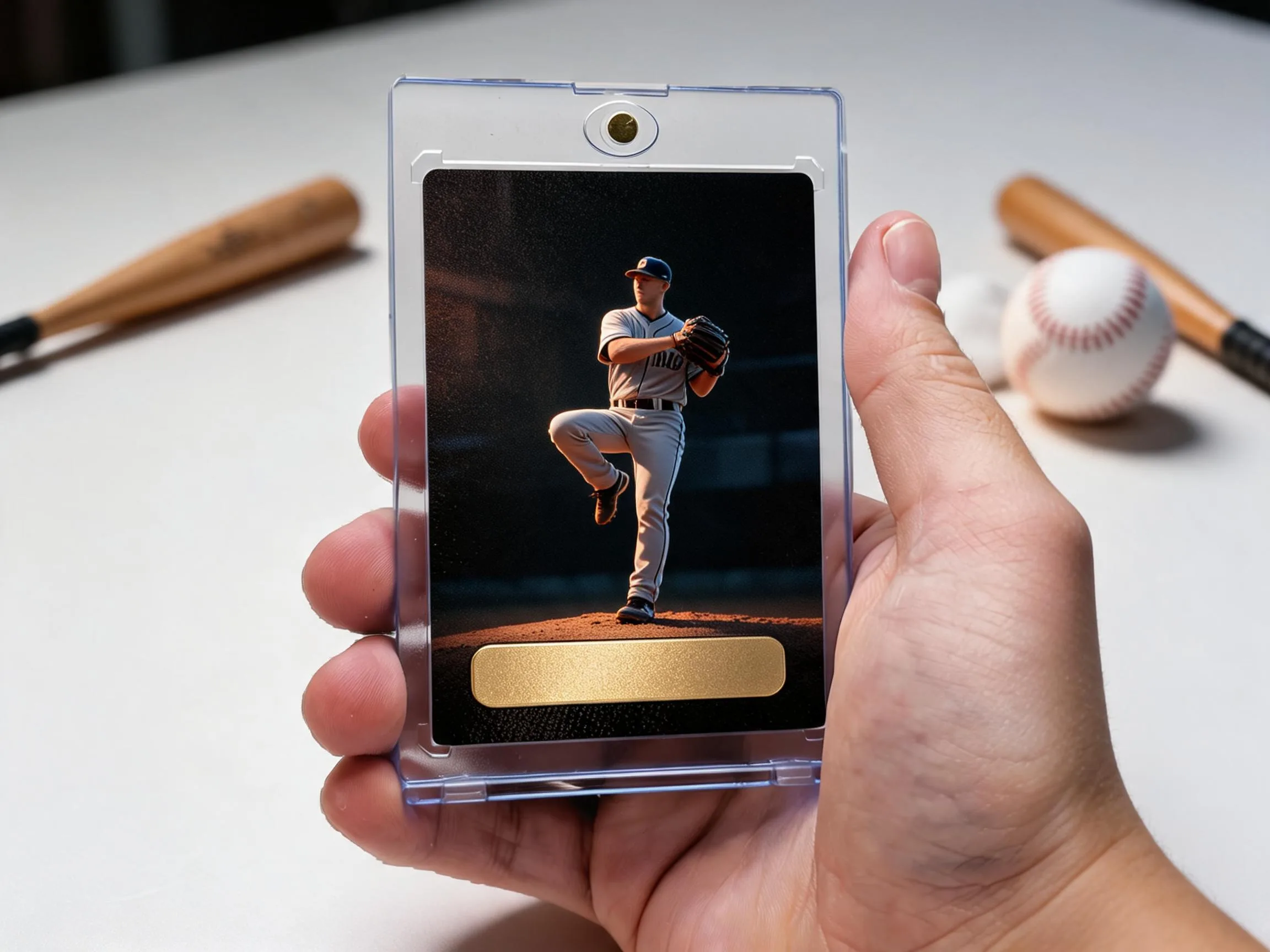 Custom baseball trading card in magnetic case with dark gold-foil design on shelf.