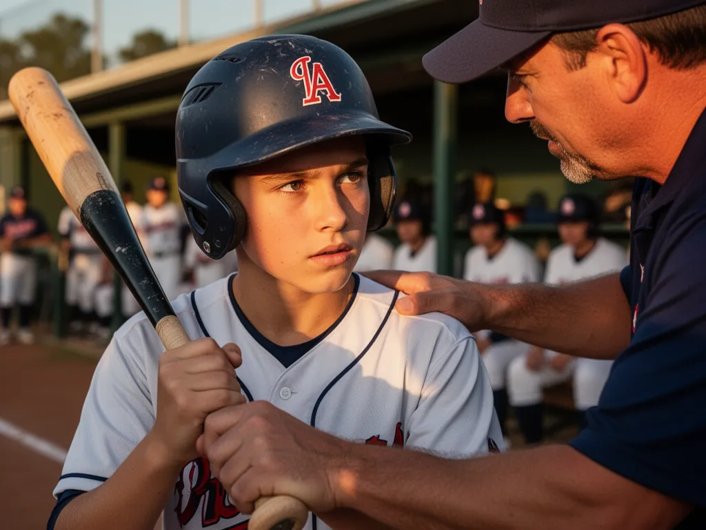 Young baseball player receiving instruction from coach showing determination and team mentorship