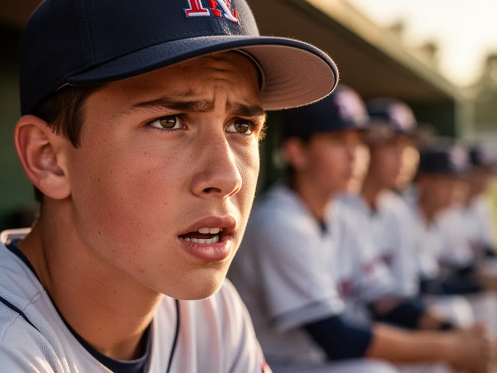 Young baseball player's focused expression in dugout with teammates blurred behind