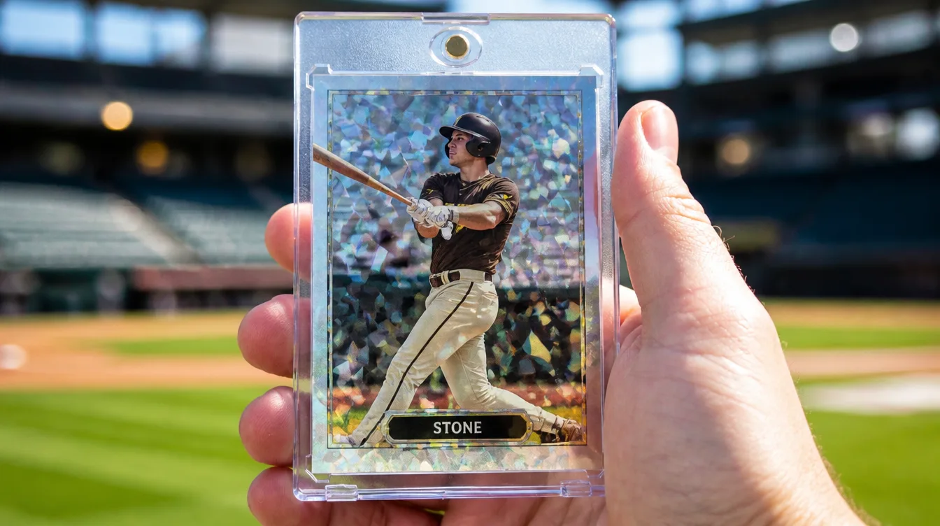 Custom baseball card held in a one-touch magnetic display case