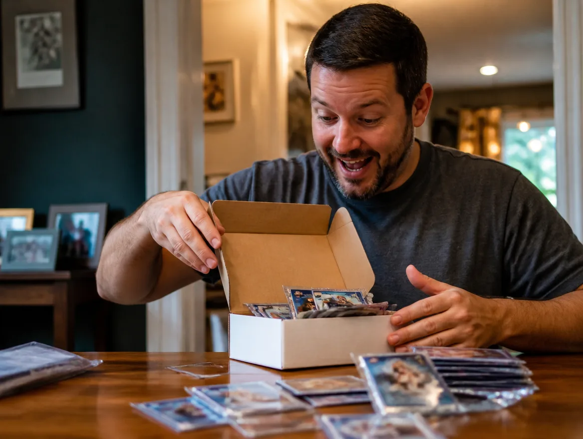 Collector opening a baseball cards box of trading card packs
