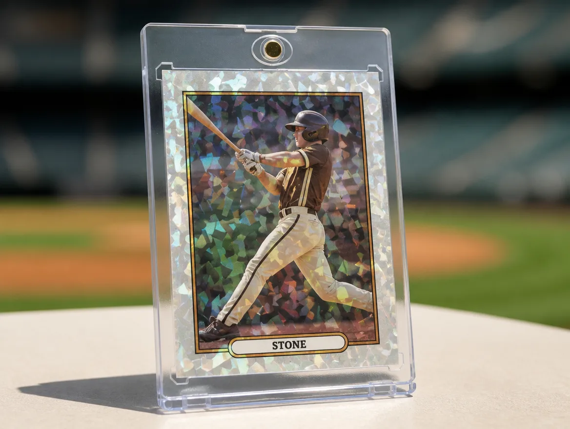 Custom baseball card displayed upright in a premium magnetic case