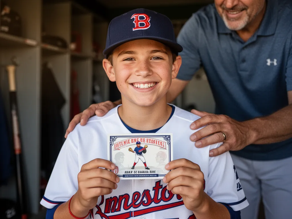 Young player proudly displaying custom baseball card with parent watching supportively