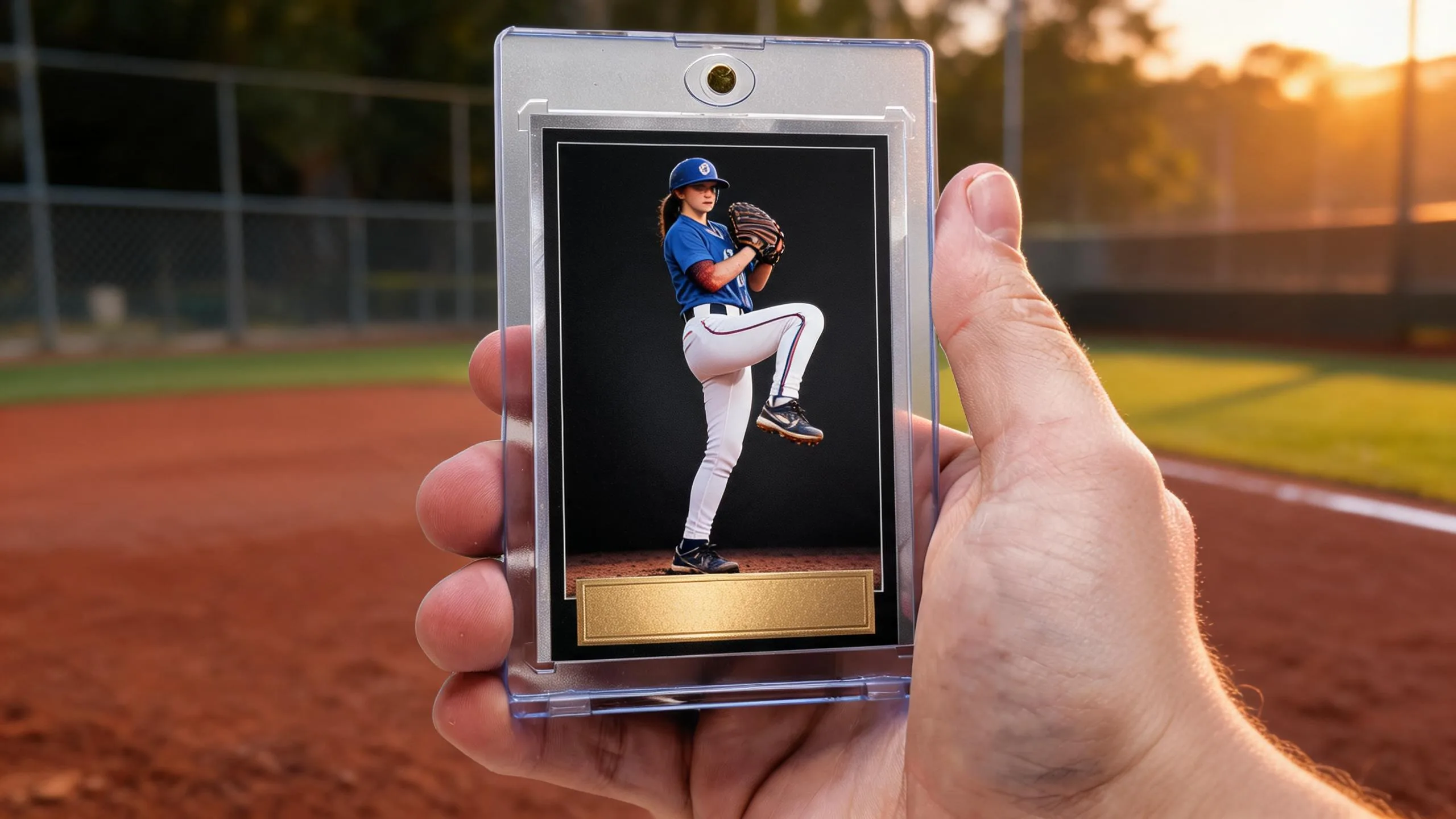 Hand holding magnetic case with baseball cards for kids featuring pitching pose card.