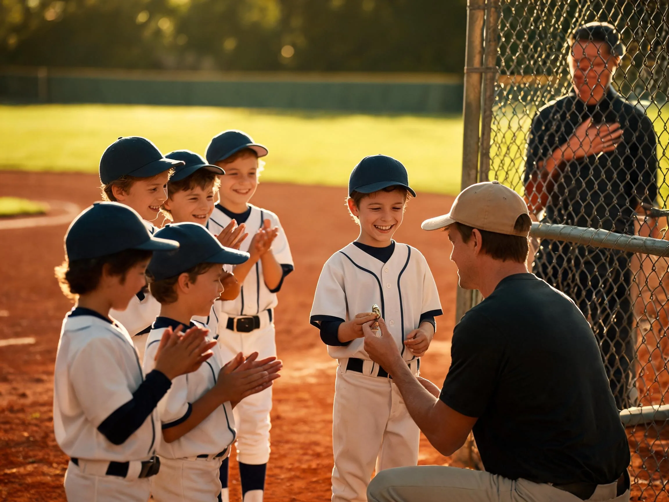 Coach shares a proud moment with a young baseball player near the dugout.