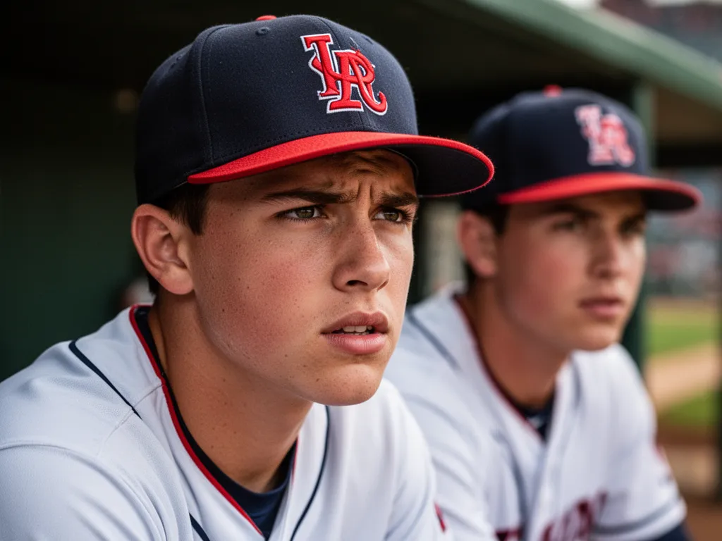Young baseball player in dugout showing focused expression wearing team uniform and cap