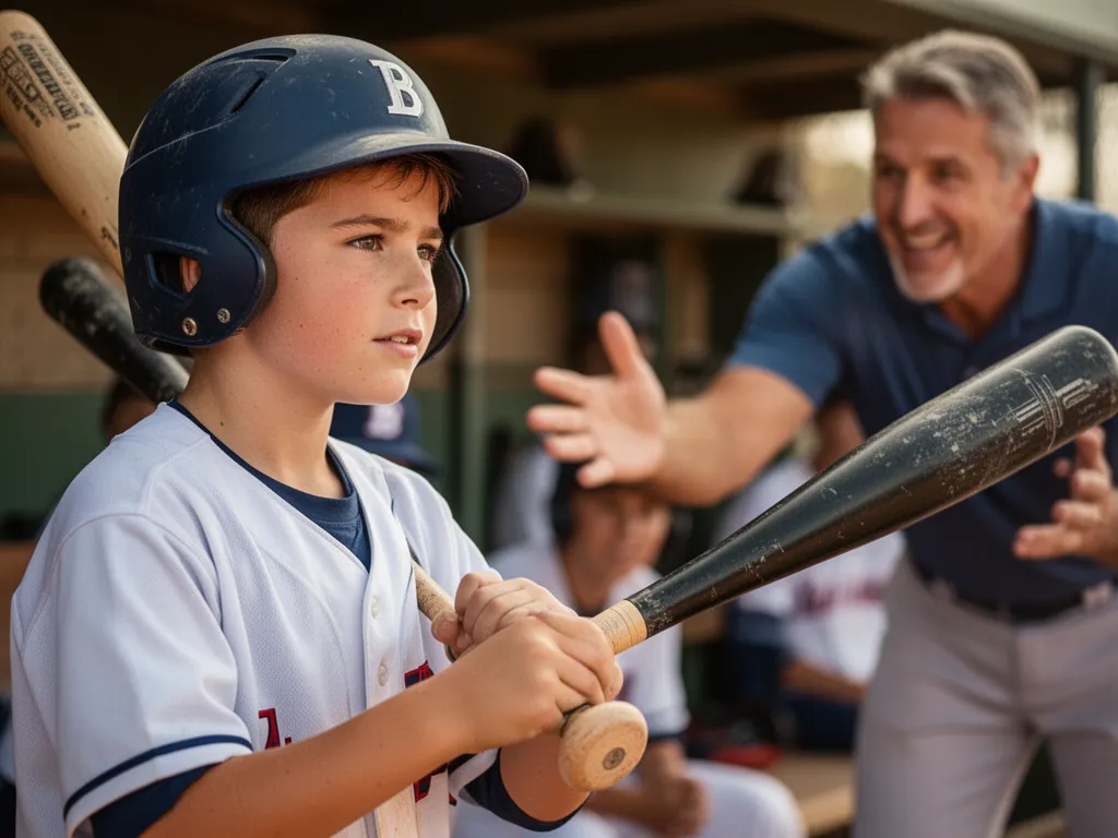 Young baseball player concentrating with coach providing guidance in background during practice