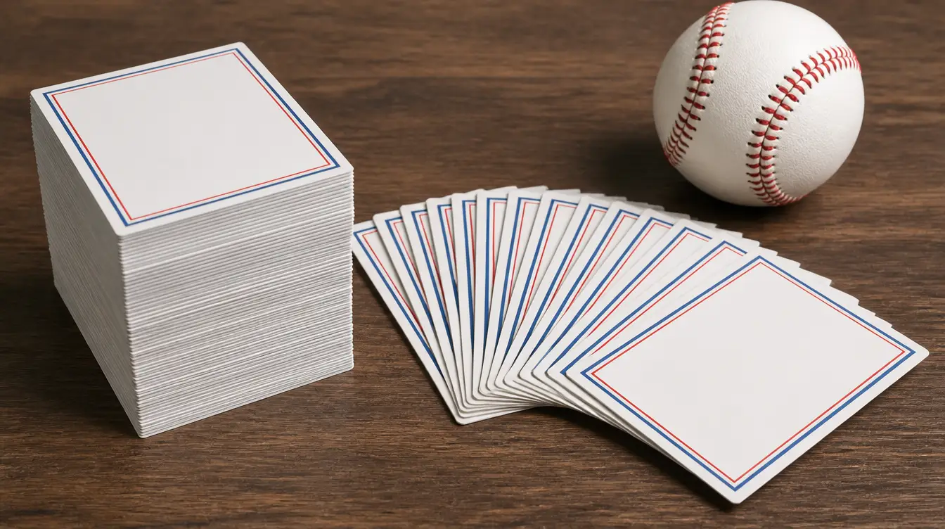 A stack and fanned spread of blank baseball trading cards