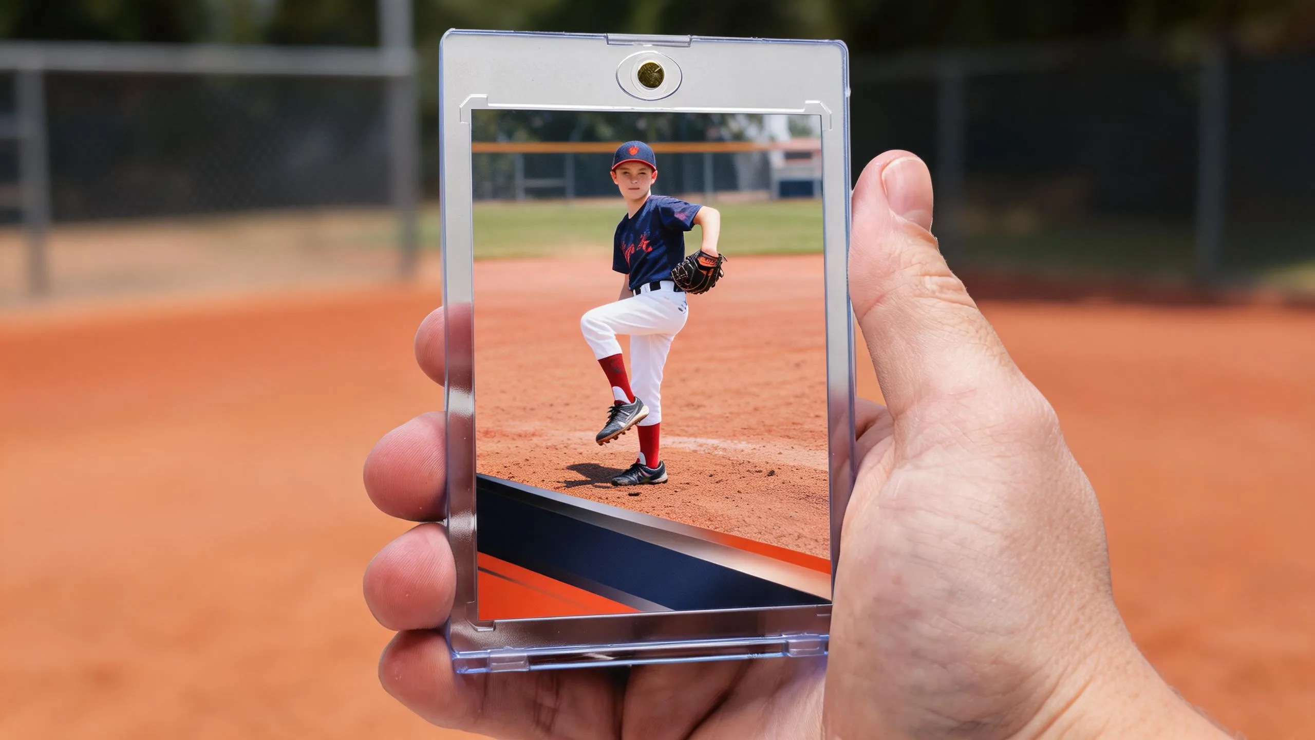 Hand holding magnetic case with custom baseball cards make your own pitcher card design