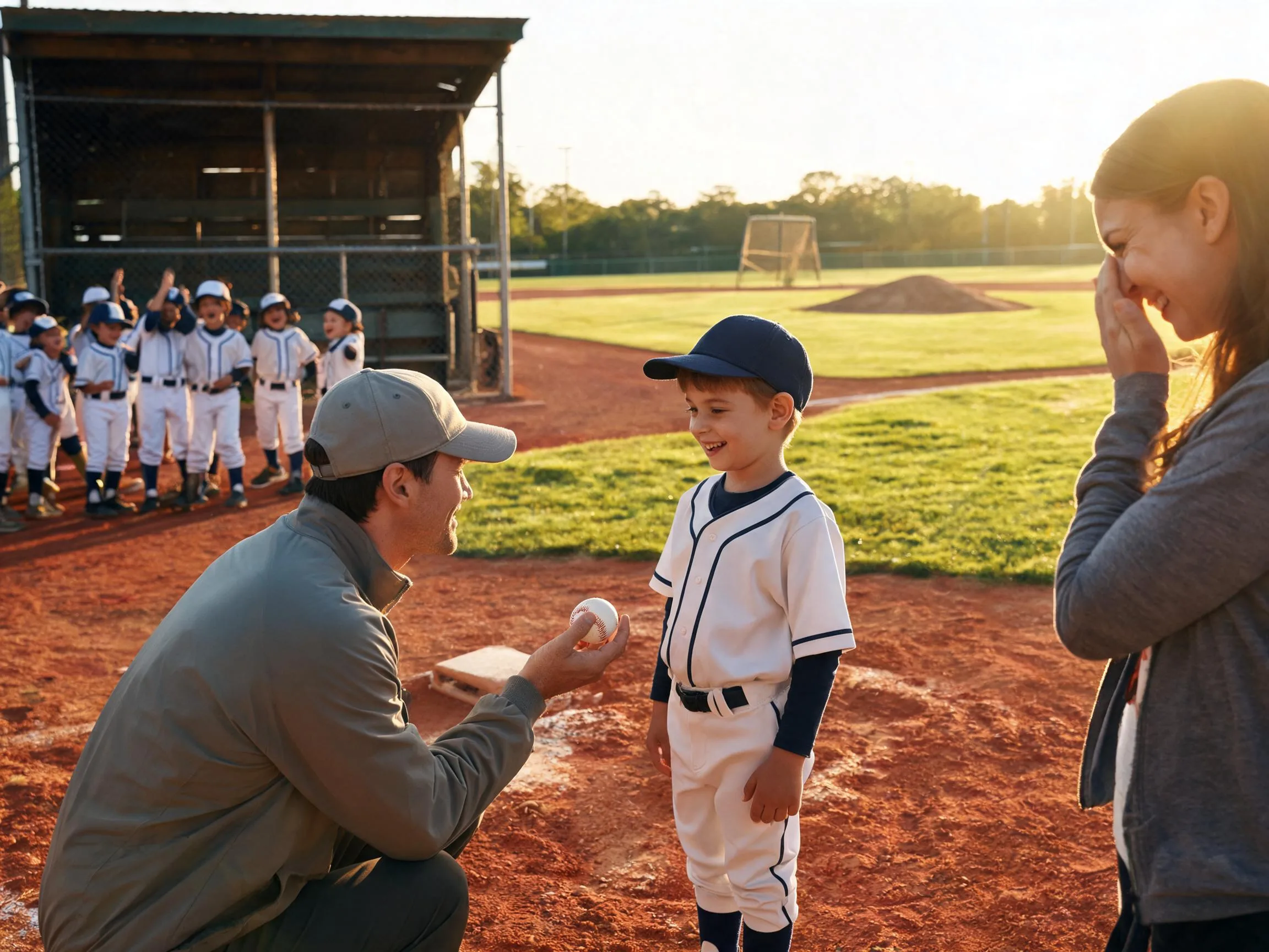Coach and young athlete share proud emotional moment on sunlit baseball field
