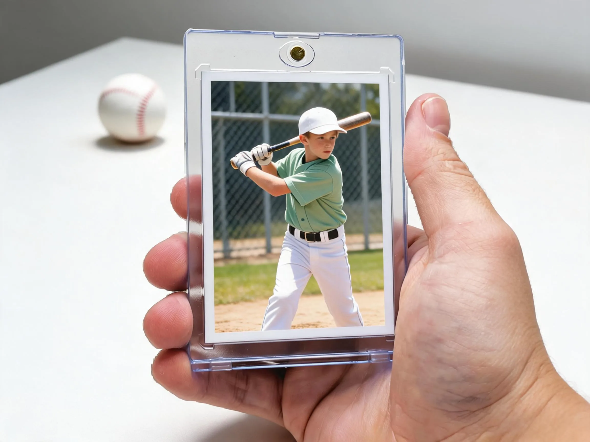 Custom baseball trading card in clear magnetic case showing batter design