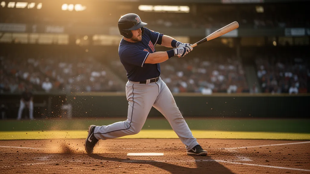 Baseball player swinging bat with intense focus during daytime game with blurred stadium background