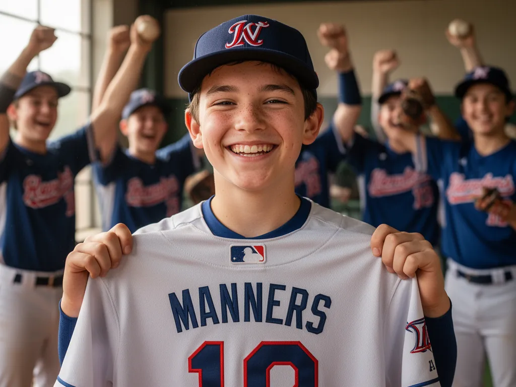 Young player smiling proudly while holding personalized baseball jersey with teammates celebrating behind