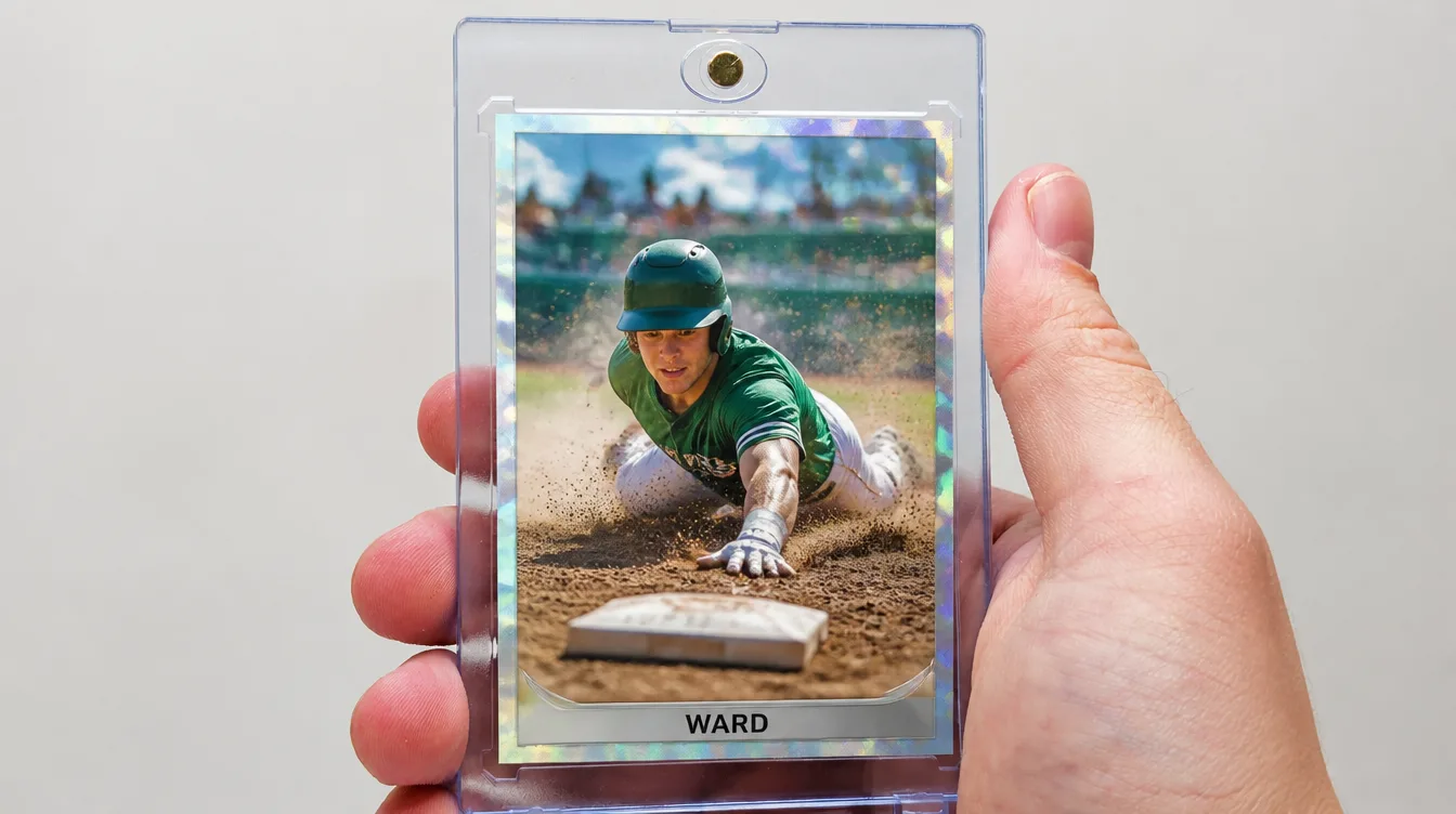 Custom baseball card held in a one-touch magnetic display case