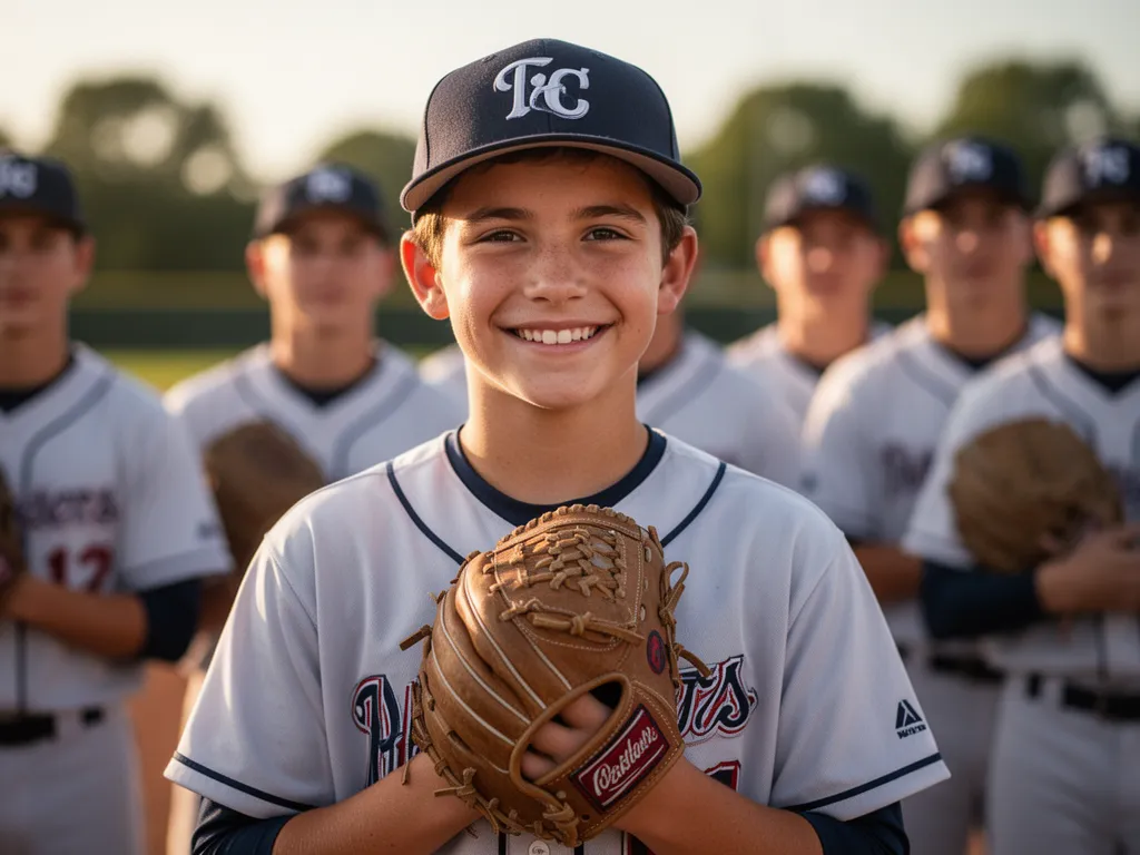 Young baseball player in uniform smiling with glove, teammates blurred in background during game