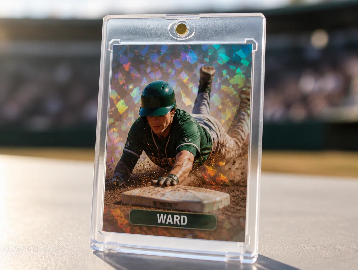 Custom baseball card displayed upright in a premium magnetic case