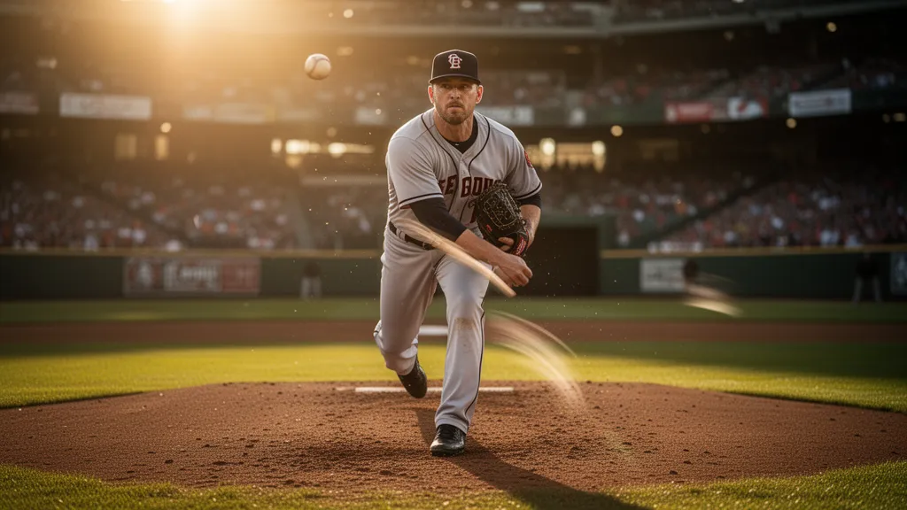 Baseball pitcher in mid-throw during a game with dynamic motion and stadium setting