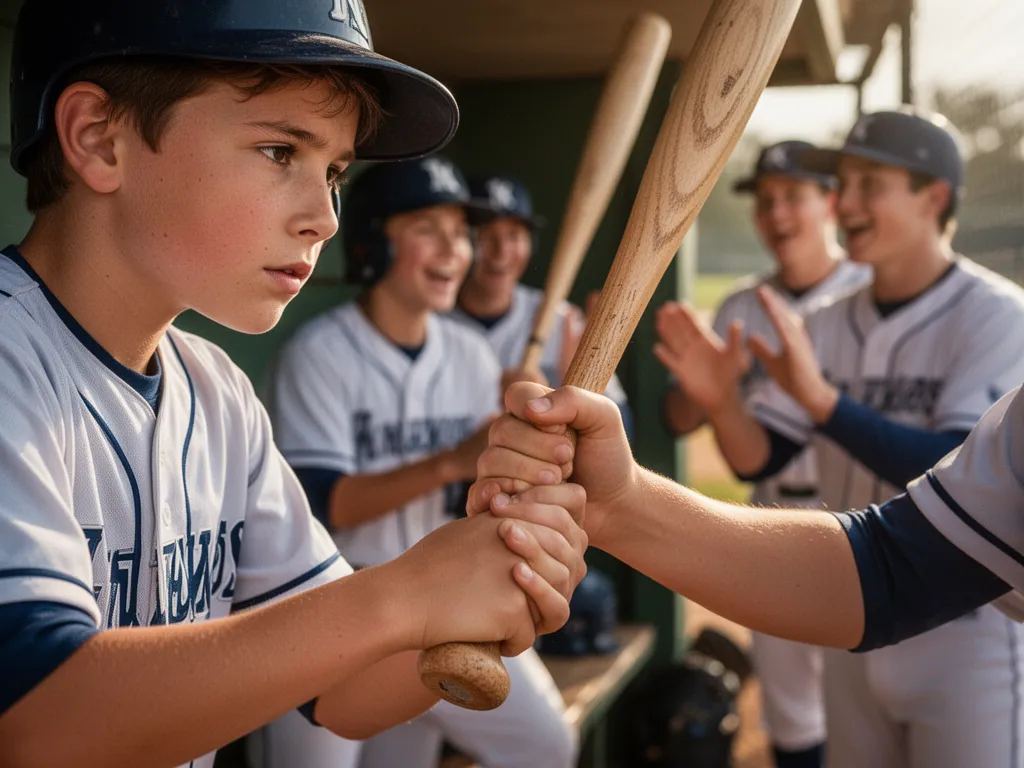 Young baseball player holding bat with determined expression and teammate support nearby