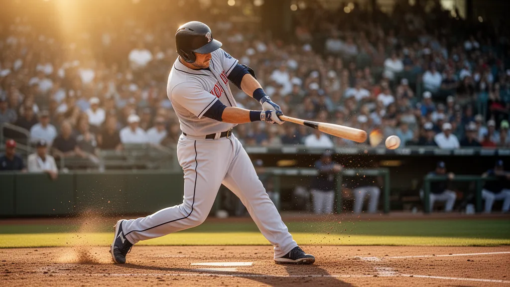 Baseball player swinging bat during daytime game with dynamic motion and energy