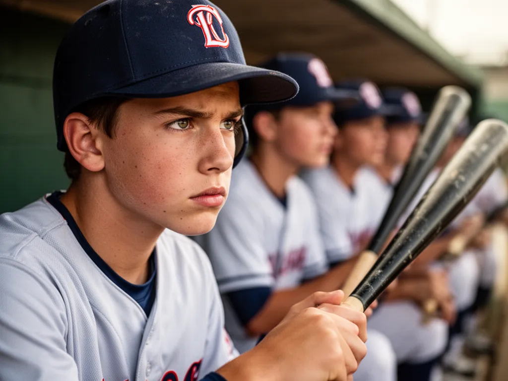 Young baseball player in dugout showing concentration and determination before batting