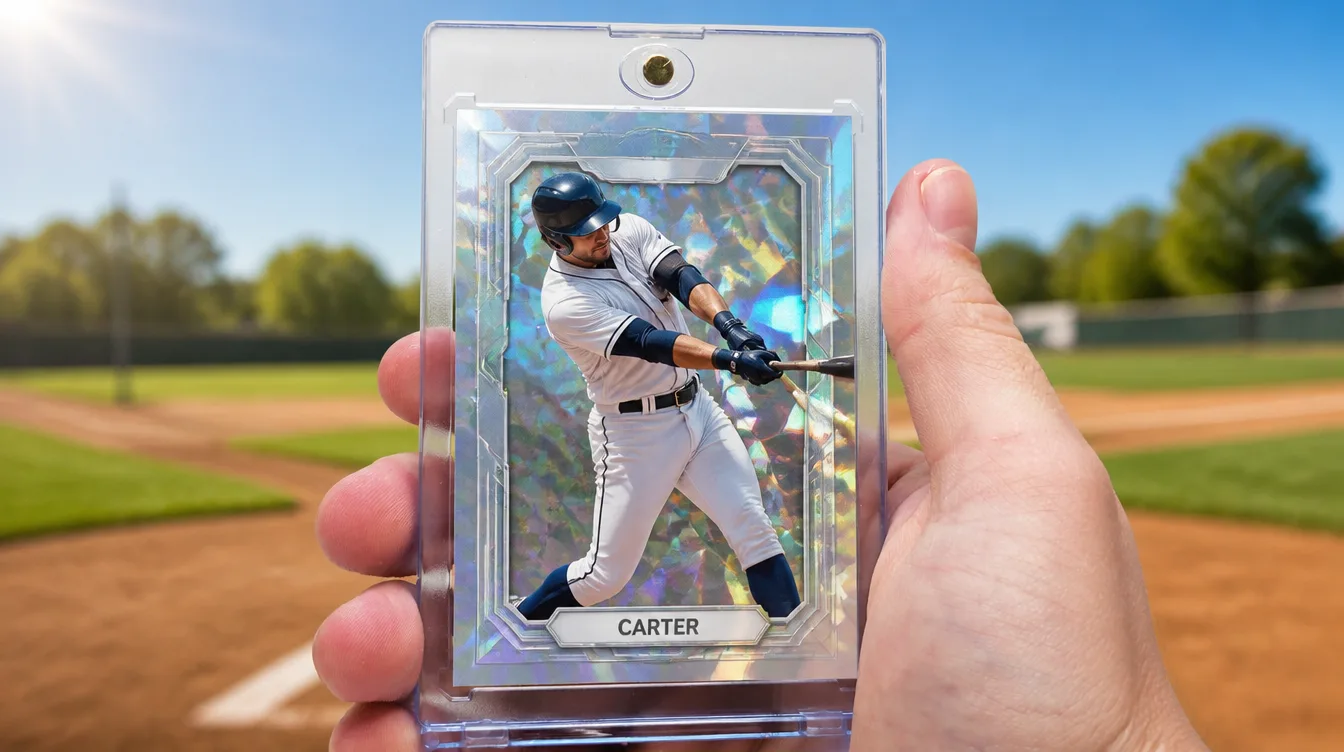 Custom holographic baseball card held in a one-touch magnetic display case