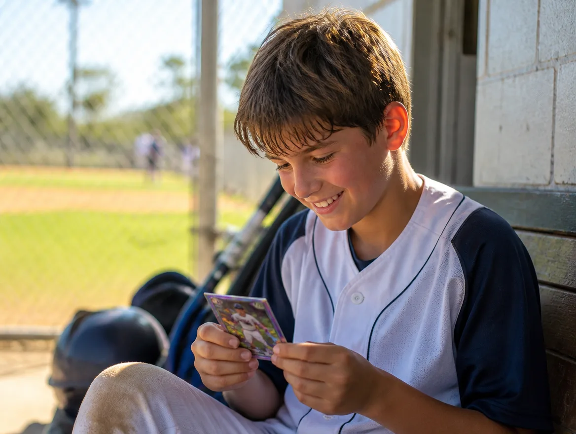 Young player holding custom baseball cards in a sunny dugout