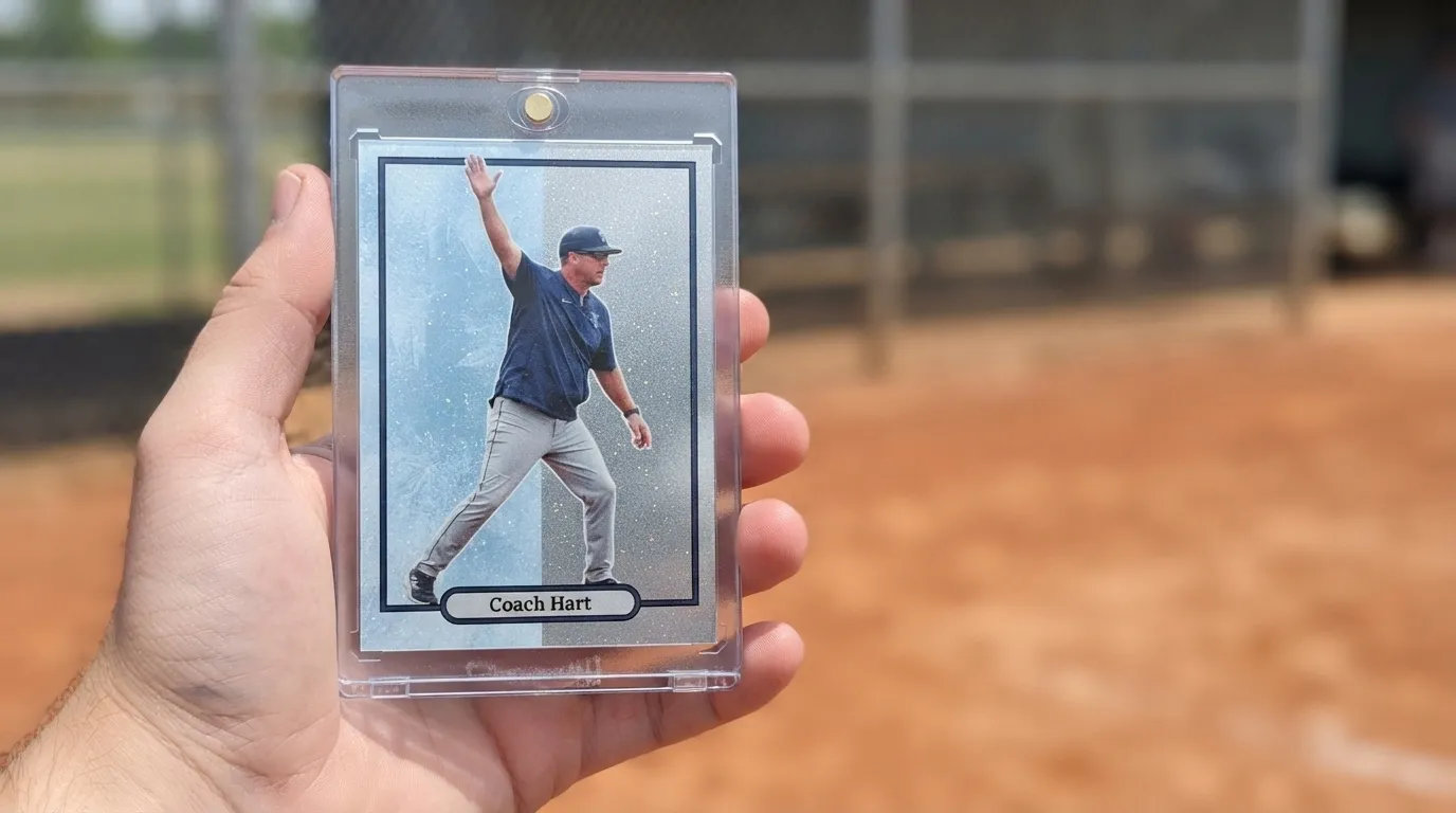 Hand holding magnetic case with icy blue refractor baseball coach gift ideas trading card.