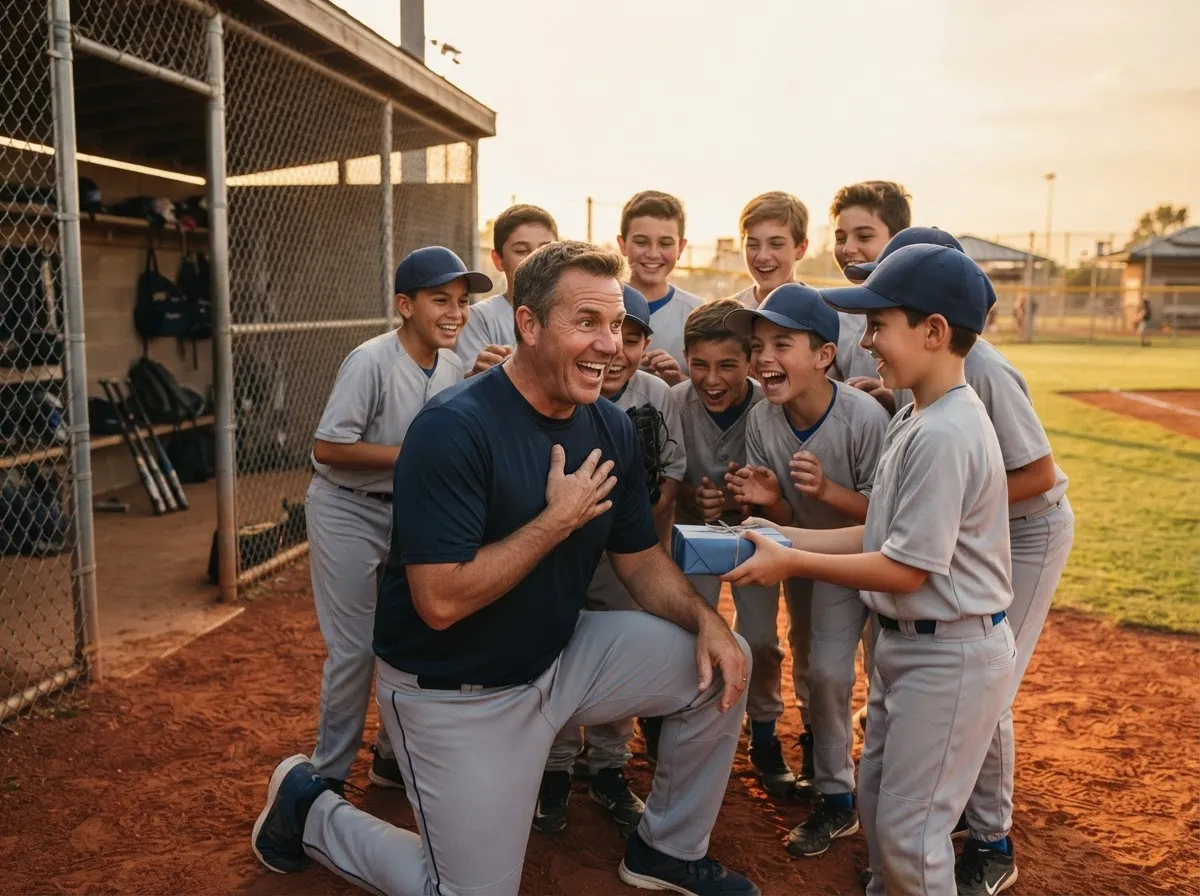 Youth baseball coach smiling in surprise while players present him a wrapped gift.