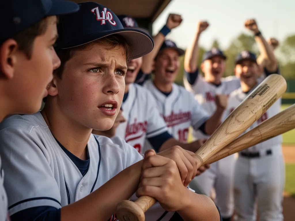 Young baseball player gripping bat in dugout with teammates celebrating blurred in background