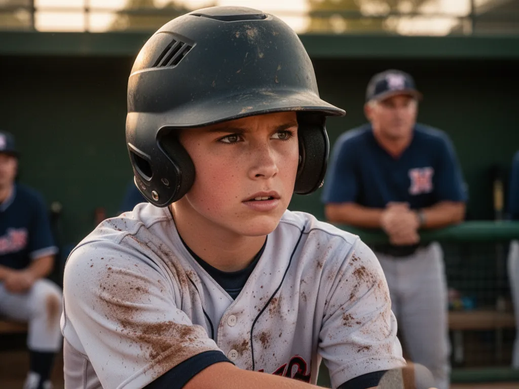 Young baseball player wearing helmet showing focused expression during game with coach supporting from dugout