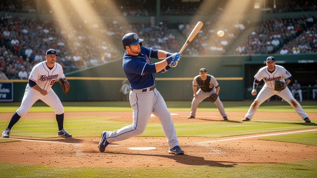 Baseball batter swinging at pitch with fielders positioned on sunny baseball field