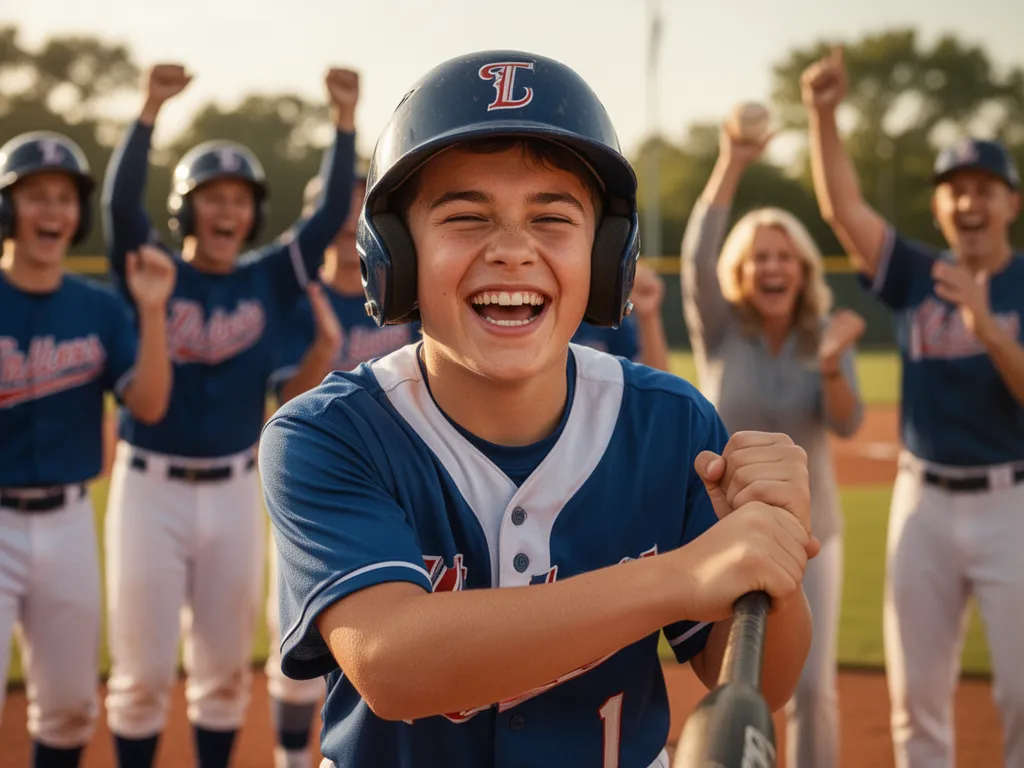 Young baseball player celebrating with genuine emotion while teammates and parents cheer behind