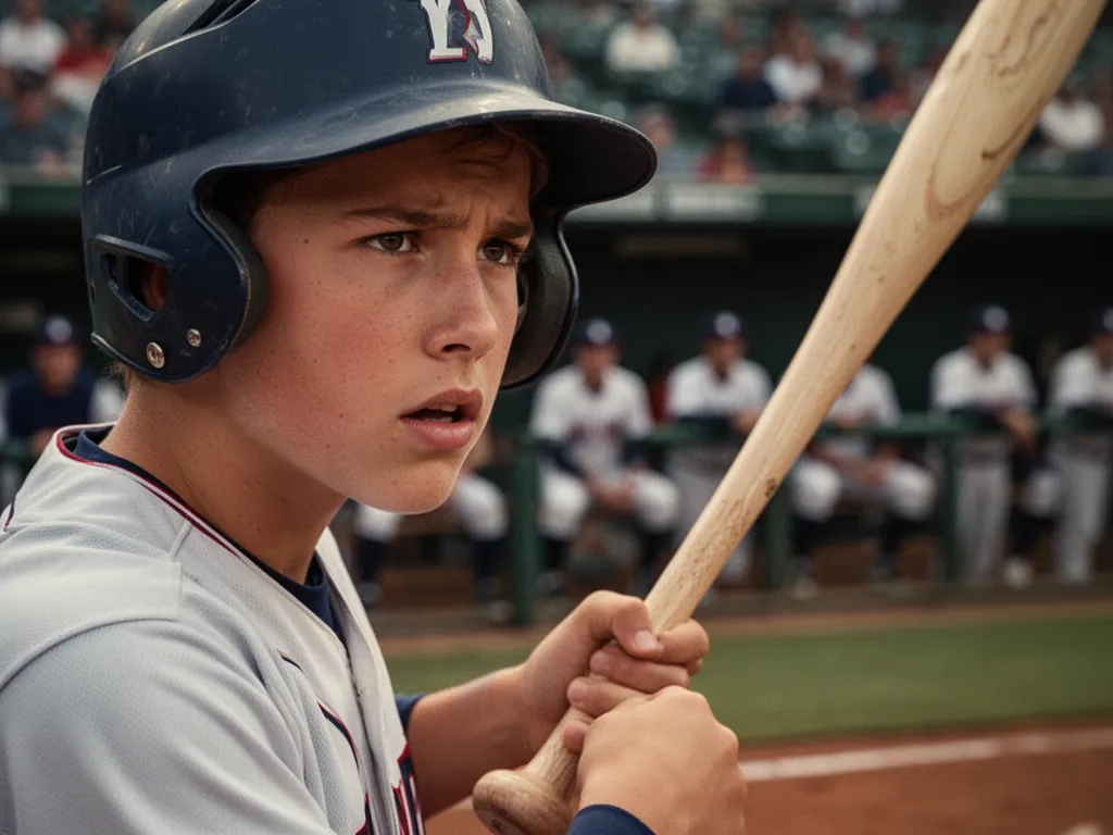 Young baseball player's determined expression while standing in batter's box during game.