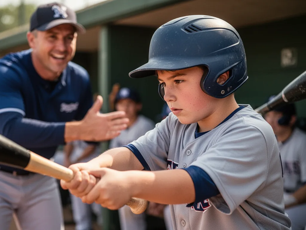 Young baseball player focused at bat with coach encouragement visible in dugout background