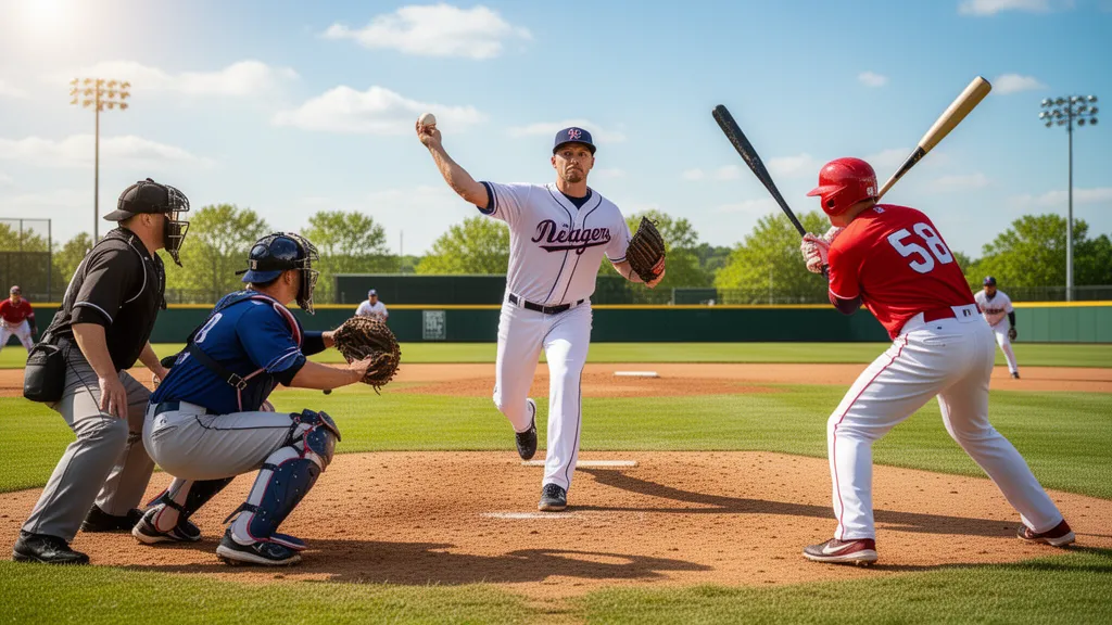 Baseball pitcher throwing ball with catcher and batter positioned during live game action