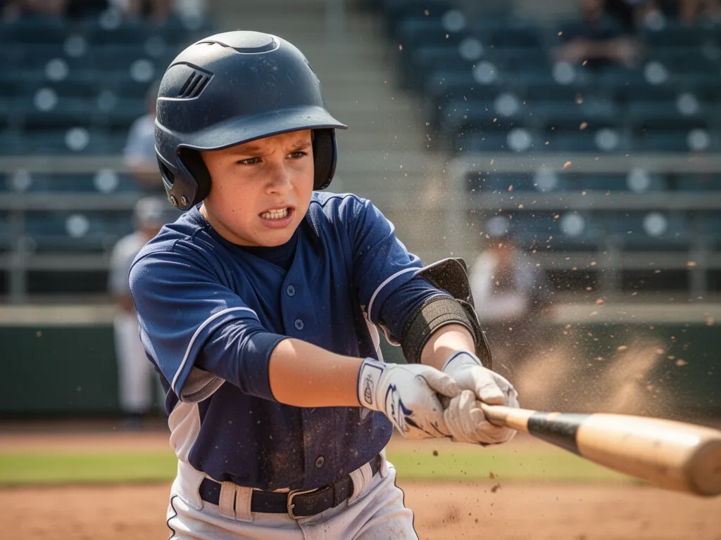 Young baseball player's focused face and swing mechanics during at-bat moment with dust action