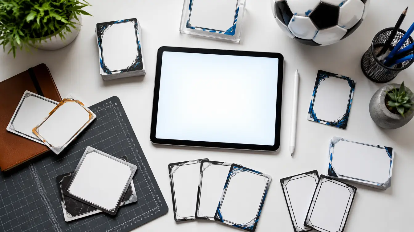 A designer workspace with a tablet, stylus, and blank sports cards