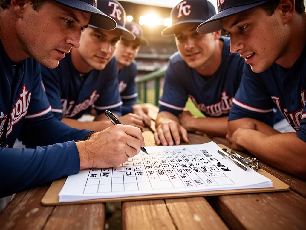 Coach writing baseball lineup with focused players gathered around in dugout setting