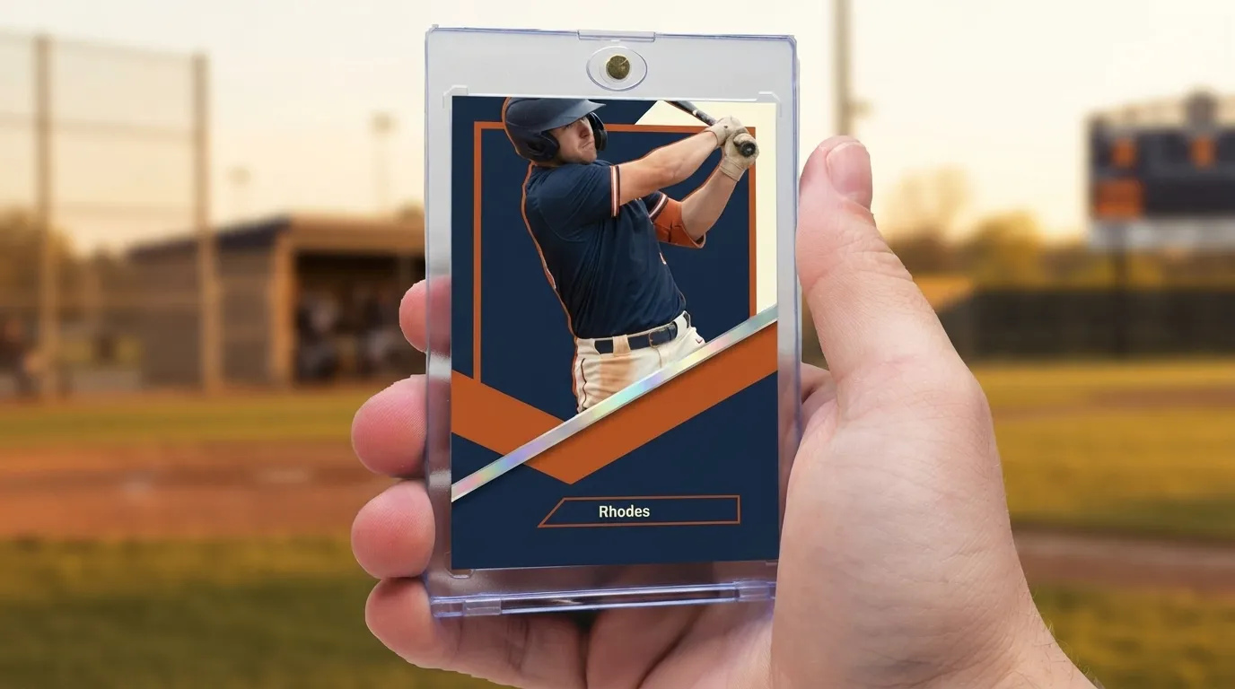 Hand holding magnetic case with baseball lineup templates card featuring diagonal chrome frame design.
