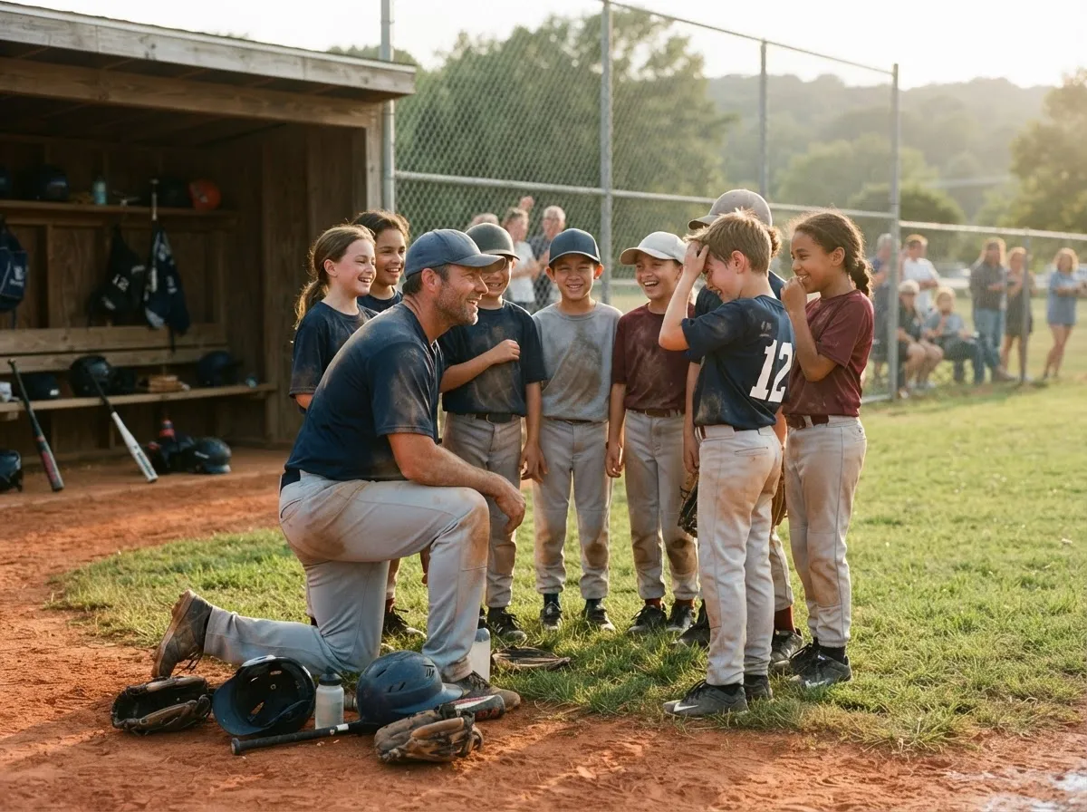 Coach and young baseball players huddled together warmly on a sunlit field.