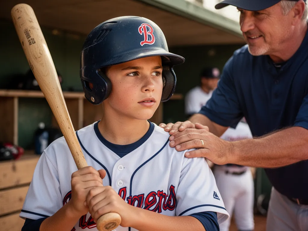 Young baseball player with focused expression receiving encouragement from coach during game