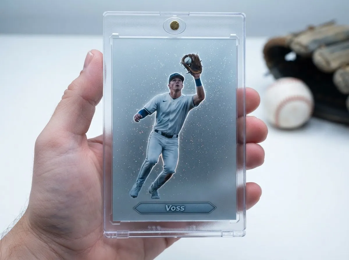 Custom baseball trading card in magnetic case showing icy silver-blue refractor design.