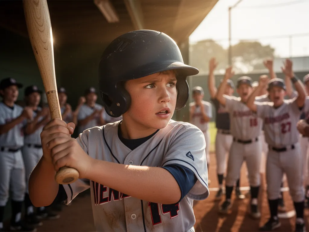 [Young baseball player shows focused determination while holding bat in dugout area]