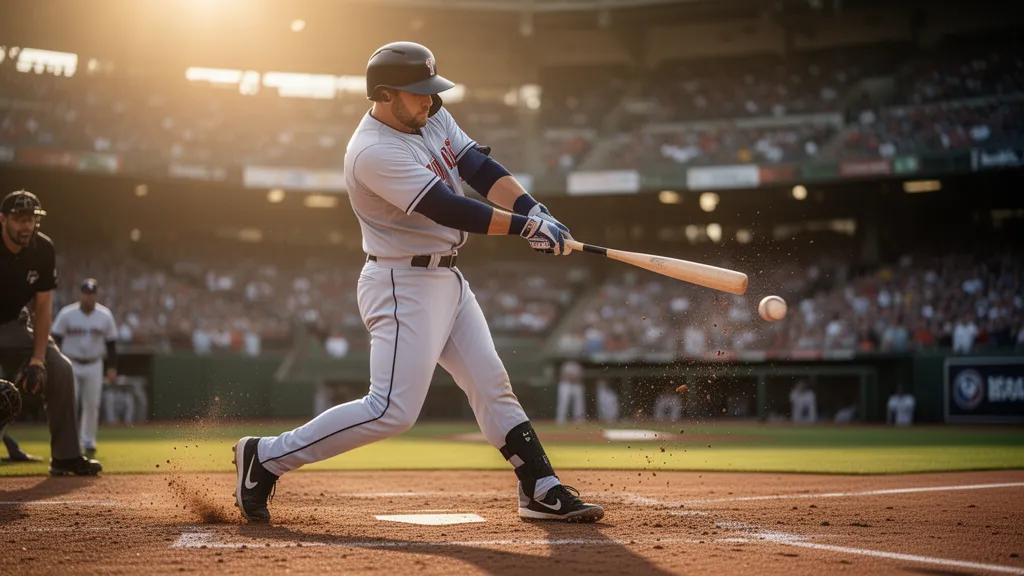 Baseball player swinging bat during game with dynamic motion and stadium background
