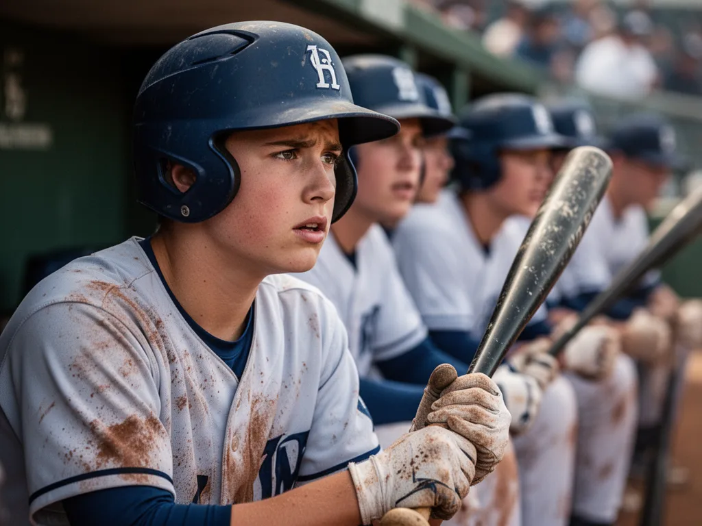 Young baseball player in dugout showing focused expression and determination