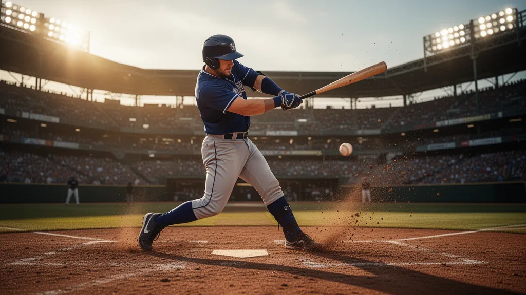 Baseball player executing powerful swing at home plate with dramatic action and natural stadium lighting
