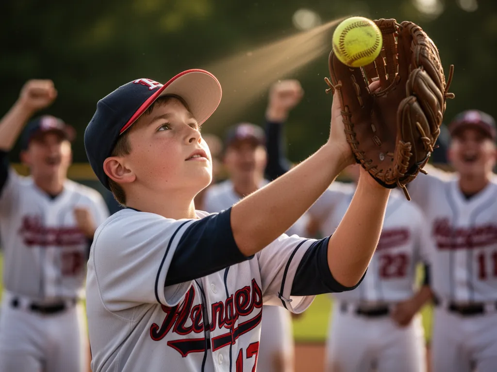 Young baseball player catching fly ball with focused expression and extended glove under bright sunlight