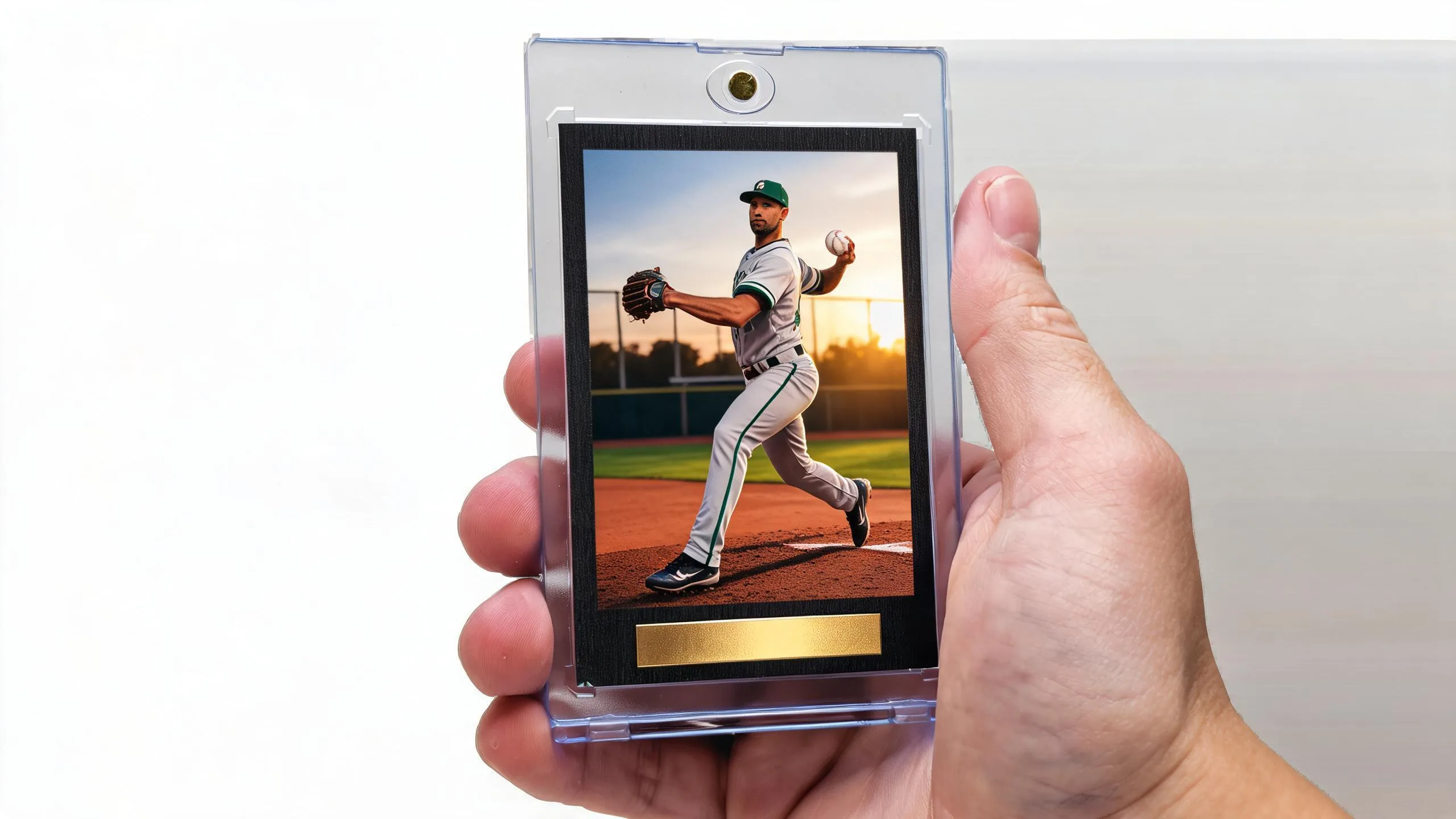 Hand holding magnetic case with pitcher card, illustrating baseball release dates collection.